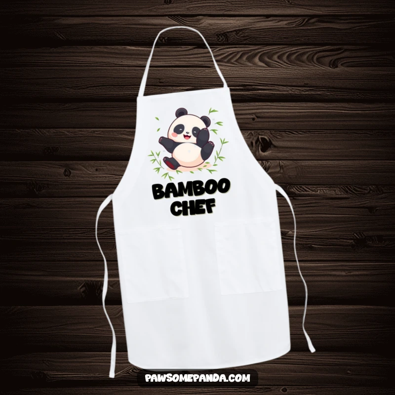 Funny apron with a round panda doing a happy somersault with scattered bamboo leaves, ideal for cooking.