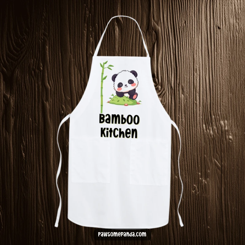 Funny panda apron showing a fluffy character comically tumbling down a hill of bamboo shoots, ideal for cooking.