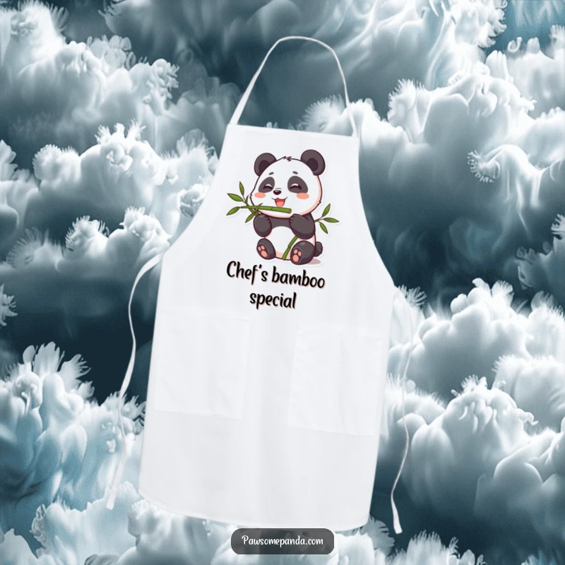 Funny apron graphic of a cute panda character munching on bamboo, ideal for kitchen use and adding humor to cooking.