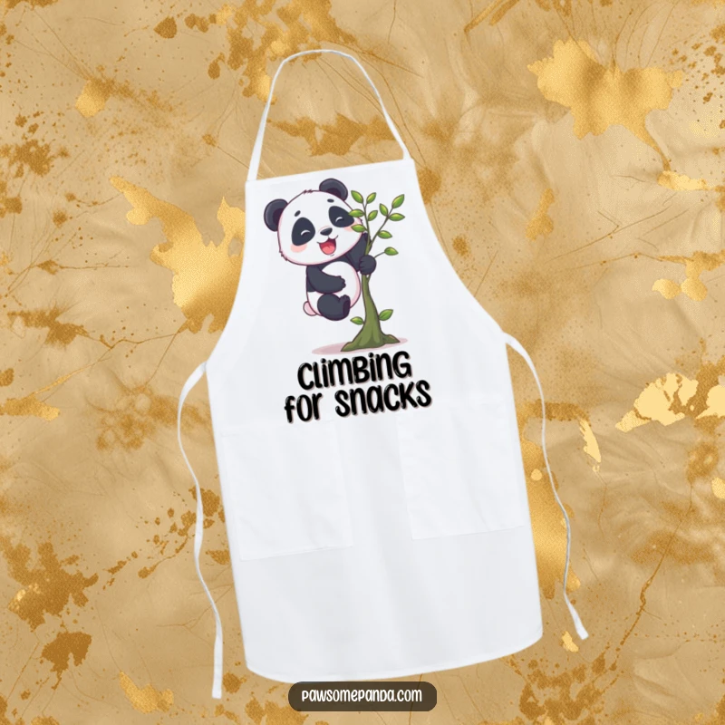 Funny panda apron showing a cheerful panda with stubby legs enthusiastically climbing a small tree, adding a humorous touch to kitchen activities.