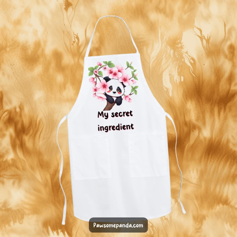 Funny curious panda apron, peeking behind a cherry blossom, practical kitchen wear, a cute and funny gift.