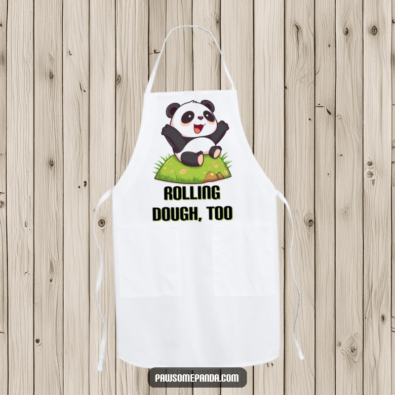 Funny happy panda apron, rolling down a grassy hill, joyful expression, protective kitchen wear, a funny gift.