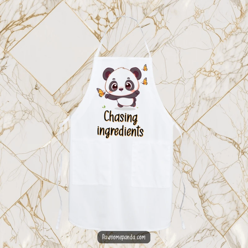 Funny kawaii panda cub with surprised eyes, chasing a butterfly, on a kitchen apron, adding whimsical charm.