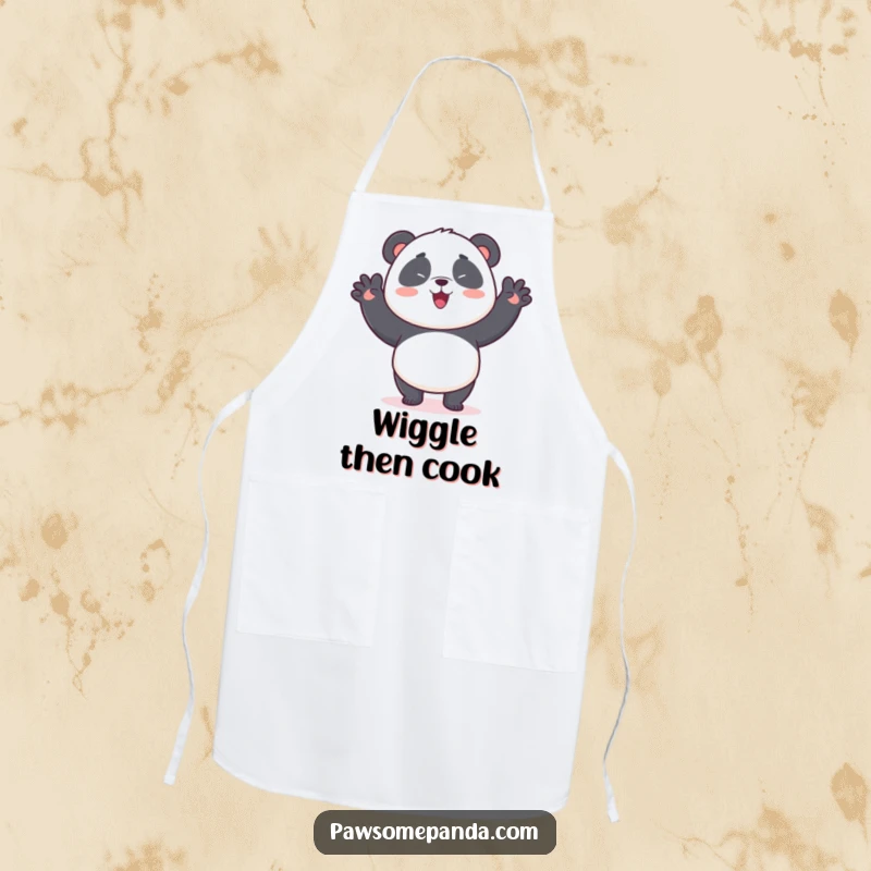 Funny apron with a kawaii panda bear doing a silly wiggle dance, bringing joy and cleanliness to the kitchen.