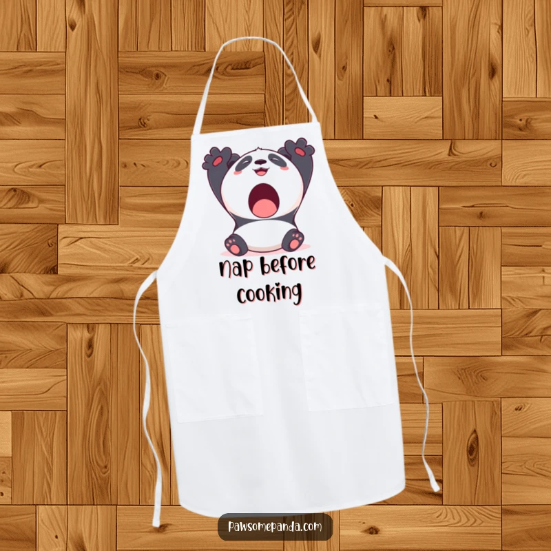 Funny Kawaii Panda Apron featuring a cute panda bear stretching with a big yawn and a smile, suitable for cooking.