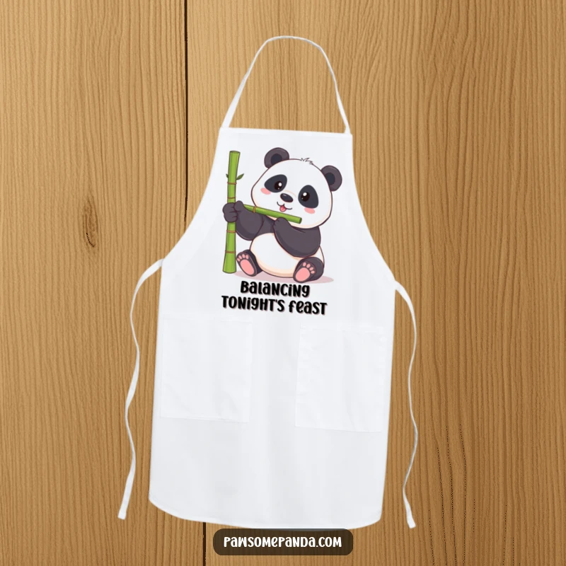 Funny panda apron showing a chubby panda bear attempting to balance a bamboo shoot on its nose, adds humor to cooking.