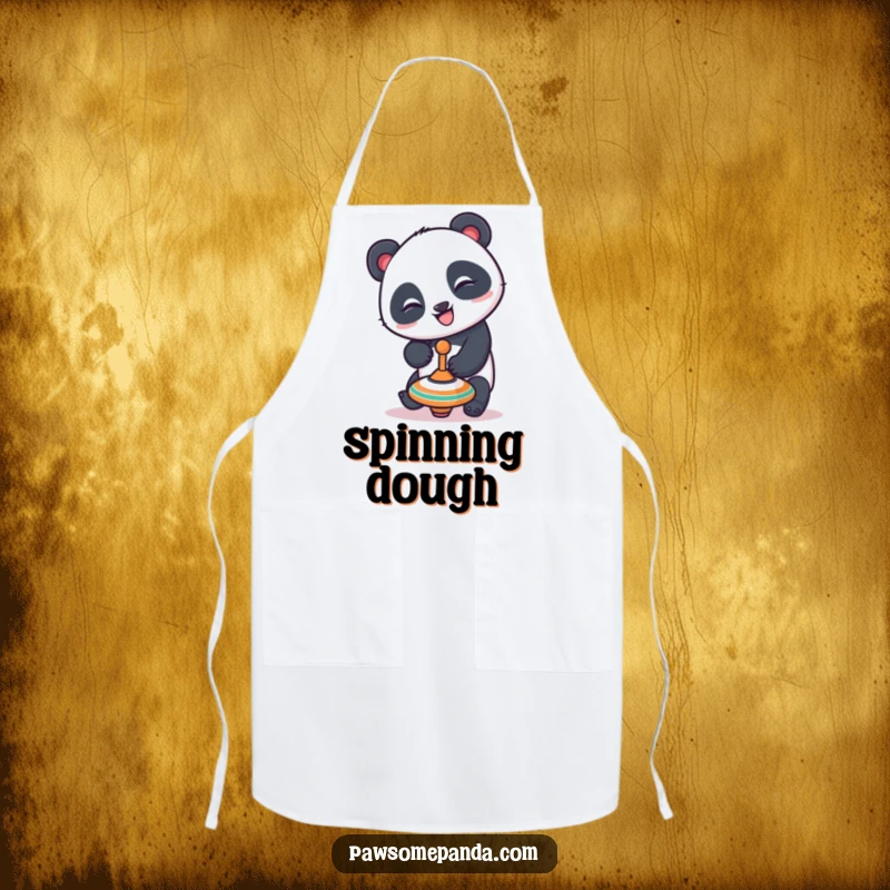 Funny panda apron showing a playful panda character with a mischievous grin trying to balance a spinning top, adding a humorous touch to kitchen activities.