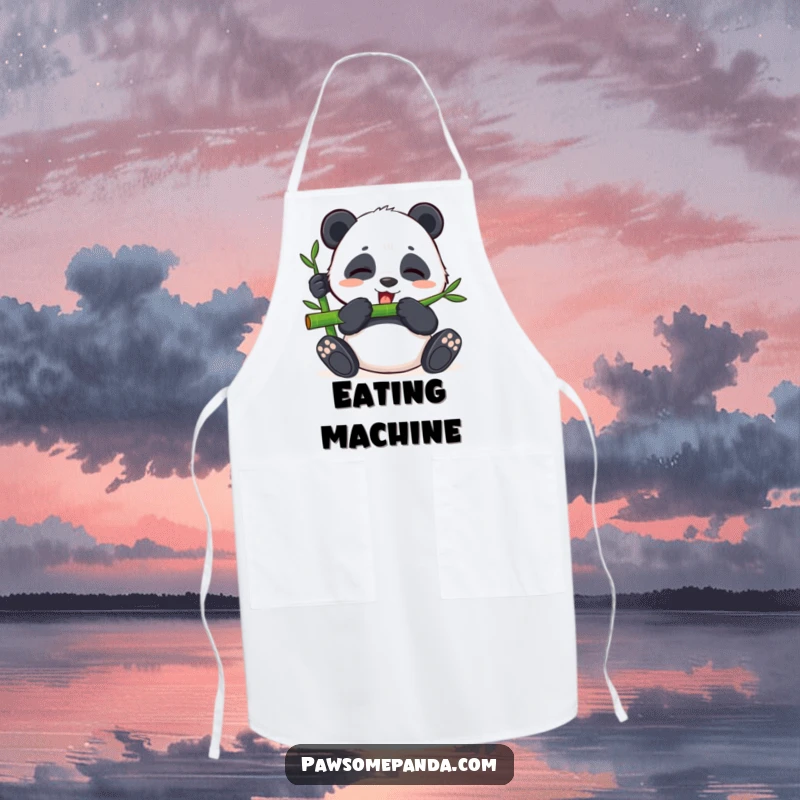 Funny kitchen apron with a content panda happily eating bamboo with closed eyes, perfect for a peaceful cooking experience.