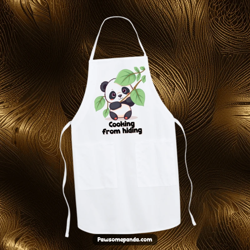 Funny panda apron showing a curious panda bear peeking from behind a large leafy fan, adding humor to cooking.