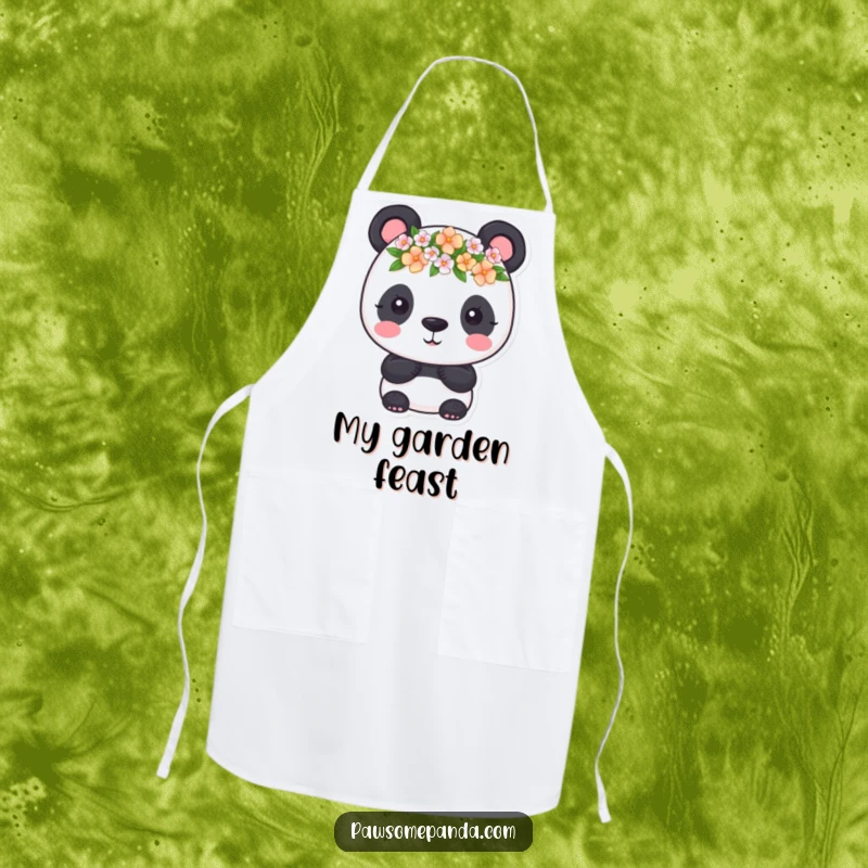 Funny Apron: A cute panda wearing a tiny flower crown, perfect for kitchen fun and adding floral charm, a funny gift.