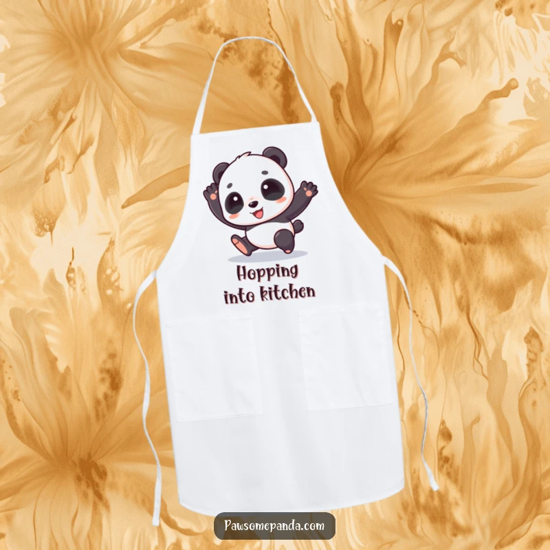 Funny apron showcasing a cute panda character doing a happy hop, adding cheer to cooking and kitchen activities.
