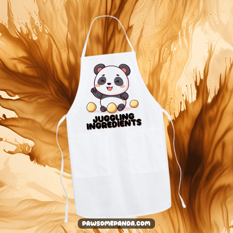 Funny panda apron featuring a cheerful panda character attempting to juggle three shiny pebbles while cooking, adding animated humor to the kitchen.