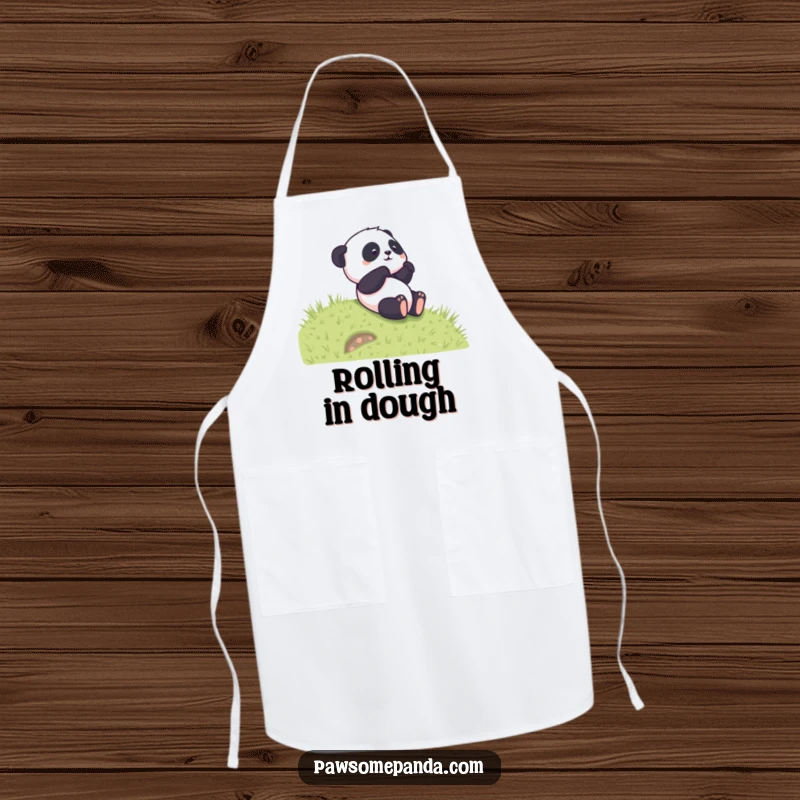 Funny apron with a panda character playfully rolling down a grassy hill, adding a comical touch to cooking or baking.