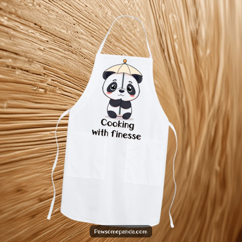 Funny apron featuring a determined panda balancing a tiny umbrella on its nose, ideal for cooking and kitchen tasks.