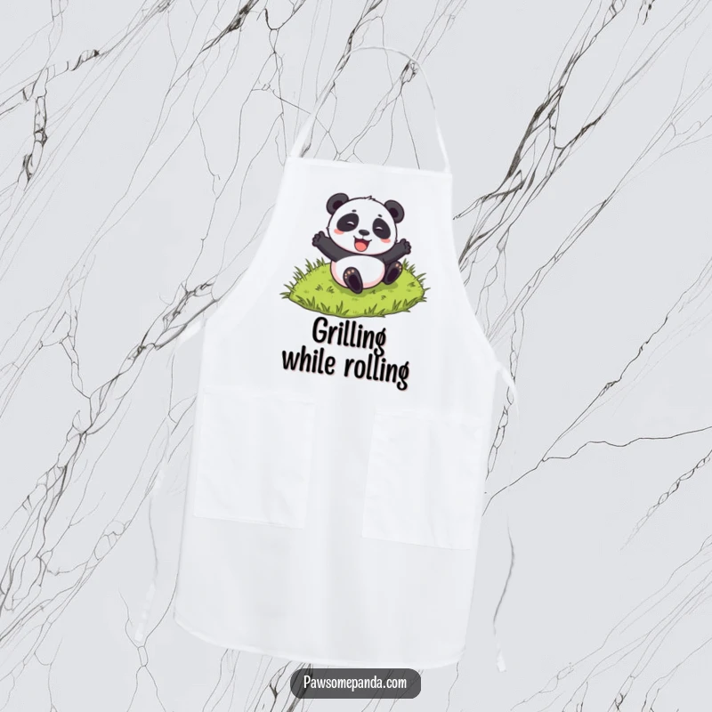 Funny apron featuring a panda character excitedly rolling down a grassy hill, perfect for playful cooking adventures.
