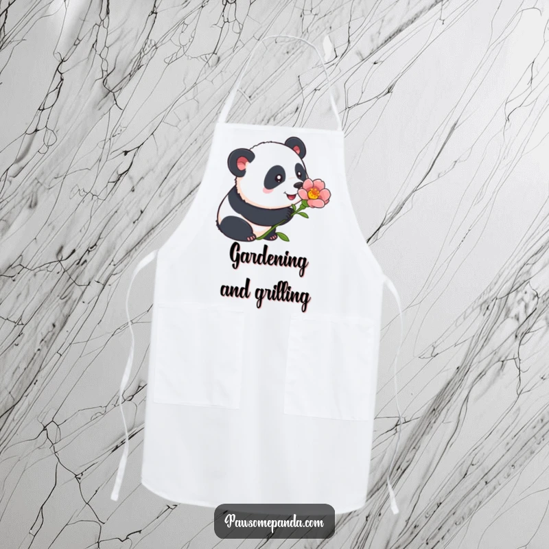 Funny panda apron depicting a curious panda sniffing a flower with alert ears, adding gentle humor and charm to kitchen tasks.