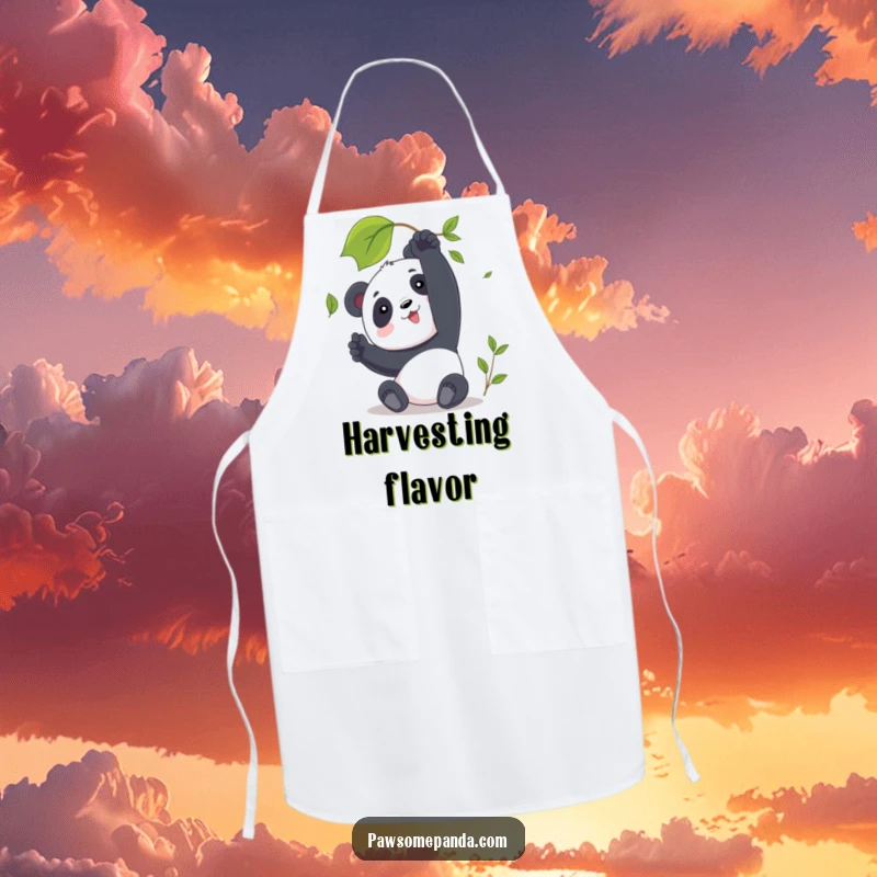 Funny Panda Apron showing a character reaching for a leaf, perfect for adding a touch of serene humor to kitchen tasks.