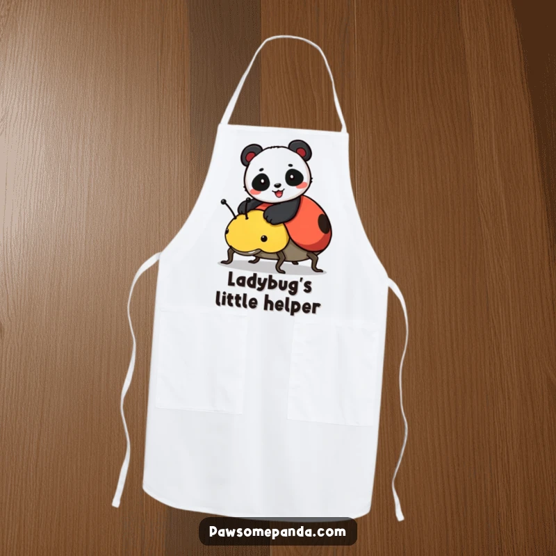 Funny kitchen apron with a cheerful panda riding a ladybug, making cooking and baking a delightful, humorous experience.