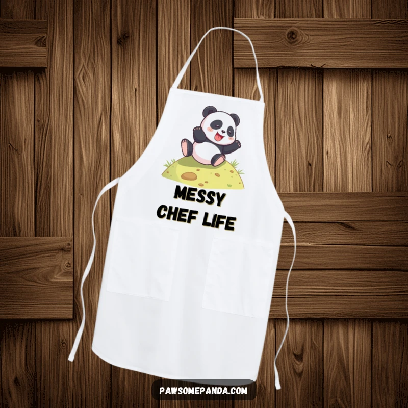 Funny panda rolling down a hill on a kitchen apron, perfect for joyful cooking.