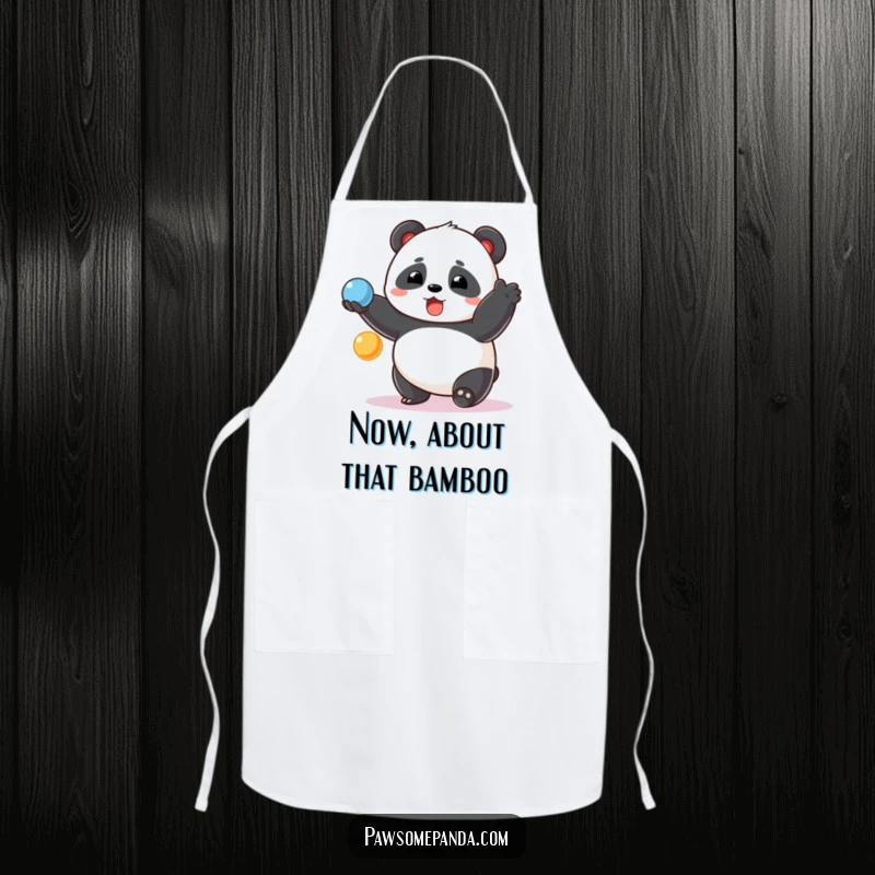 Funny chubby panda apron, surprised face, juggling colorful balls, cooking accessory, ideal for a funny gift.