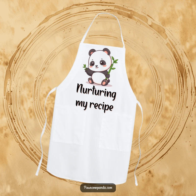 Funny Apron: A happy panda character gently pats a tiny bamboo sprout, ideal for kitchen tasks with a nurturing touch.