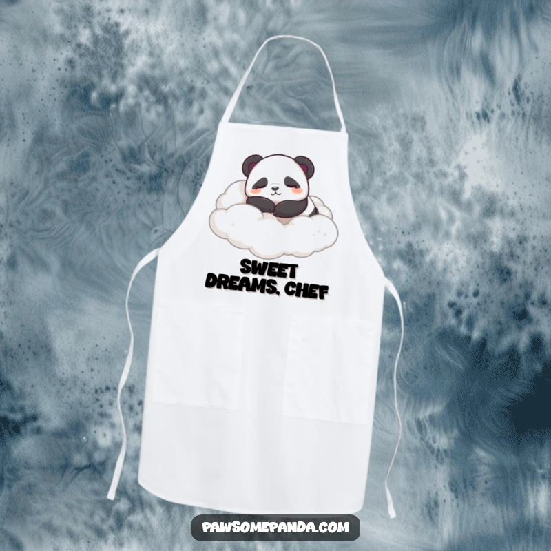 Funny apron featuring a sleepy panda character contentedly rolling in fluffy clouds, perfect for relaxed cooking.