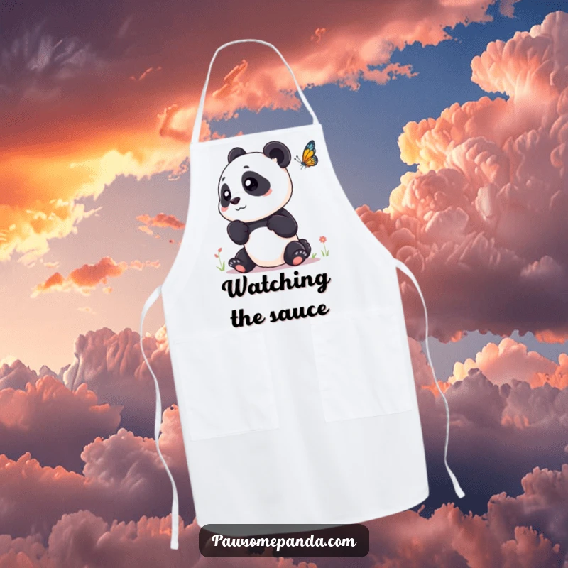 Funny apron with a curious panda tilting its head to watch a butterfly, adding charm to the kitchen.