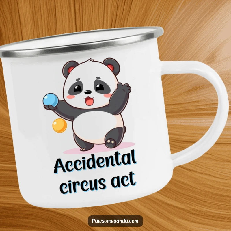 Funny chubby panda camping mug, surprised grin, juggling colorful balls, durable for outdoor use, a funny gift.