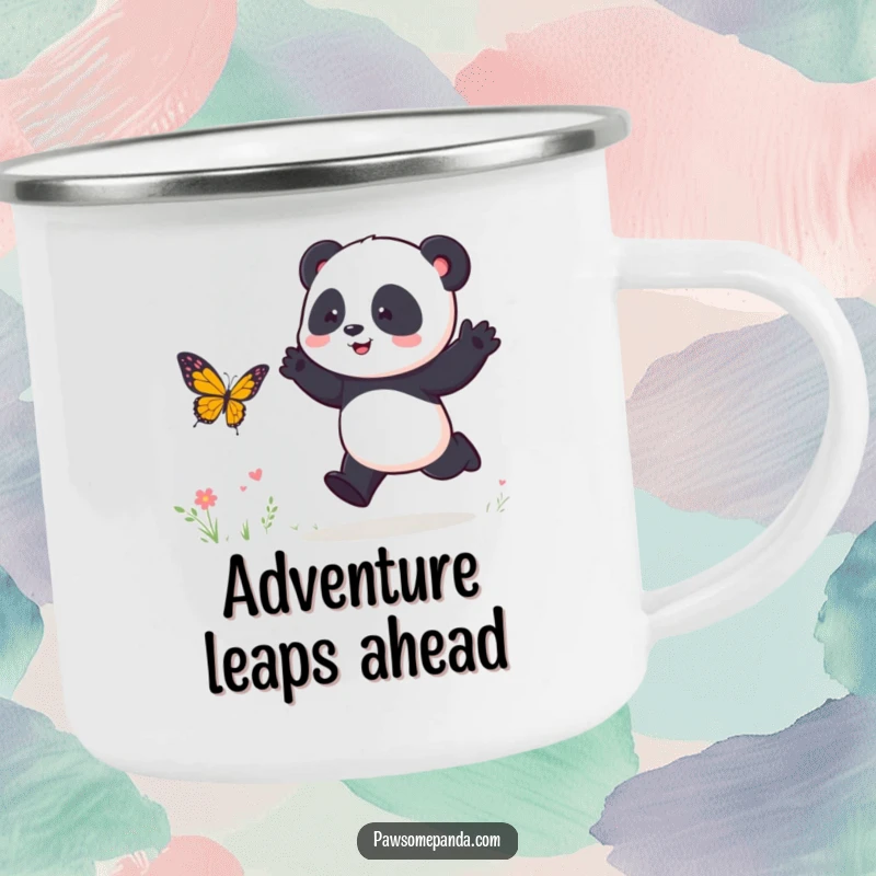 Funny Camping Mug: A joyful panda character energetically hops while chasing a butterfly, perfect for outdoor adventures.