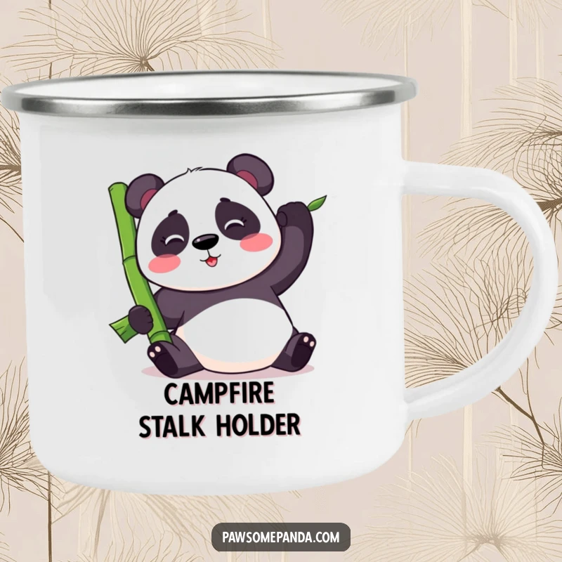 Funny kawaii panda bear balancing a large bamboo stalk, on a rugged camping mug, ready for outdoor adventures.