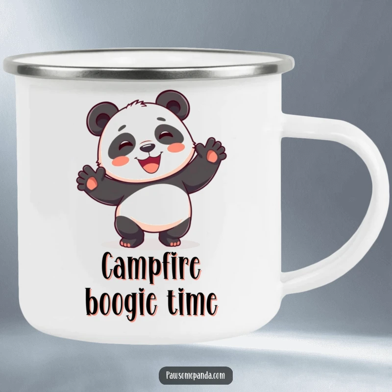 Funny playful panda camping mug, dancing silly, paws raised, wide smile, durable for outdoor use, a funny gift.