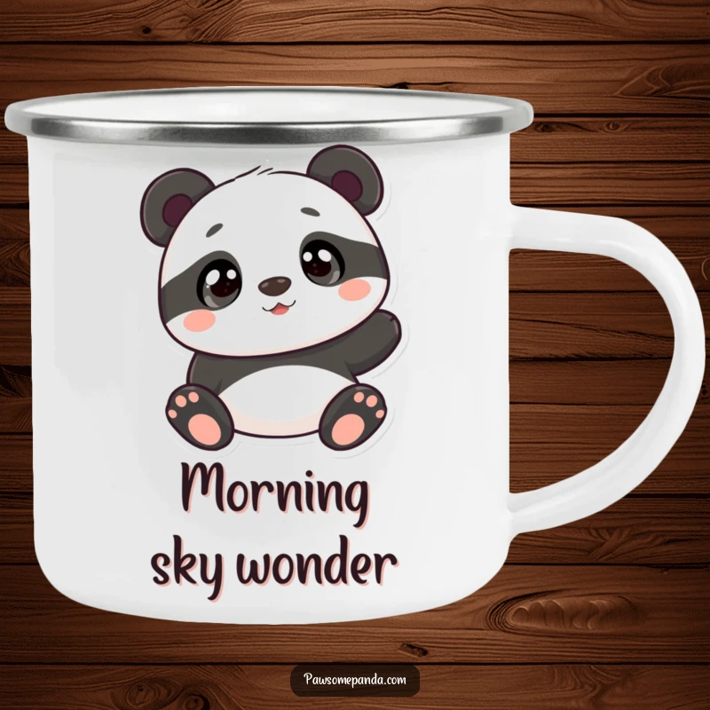 Funny panda camping mug featuring a curious panda character, perfect for outdoor use and adding a touch of cute charm.