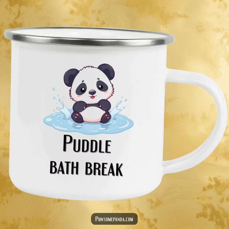 Funny kawaii panda cub playfully splashing in a puddle, on a rugged camping mug, ready for outdoor fun.