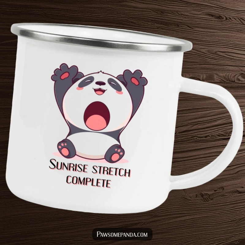 Funny Kawaii Panda Camping Mug showing a cute panda bear stretching with a big yawn and a smile, for relaxing outdoors.