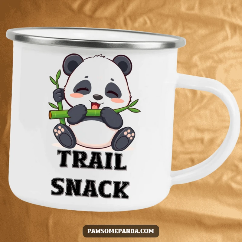 Funny enamel camping mug with a content panda happily eating bamboo with closed eyes, ideal for peaceful outdoor drinks.