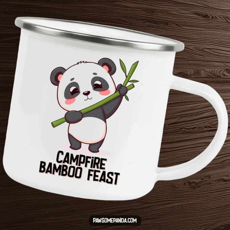 Funny panda camping mug showing a determined panda balancing a bamboo stalk, bringing focused humor to outdoor beverage enjoyment.