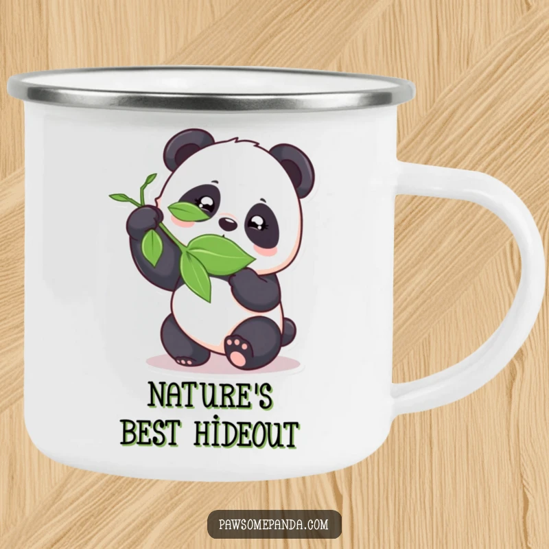 Funny panda playfully bamboozling a leaf on a durable camping mug, perfect for outdoor mischief.