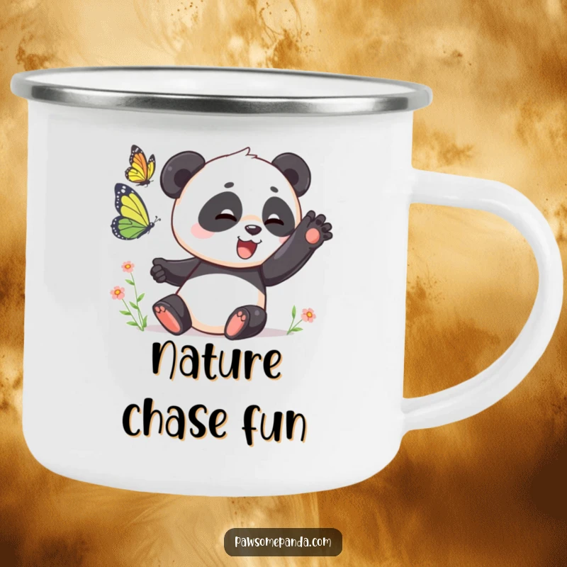 Funny Camping Mug: A playful panda swatting at a butterfly, bringing nature's charm to outdoor adventures, a funny gift.
