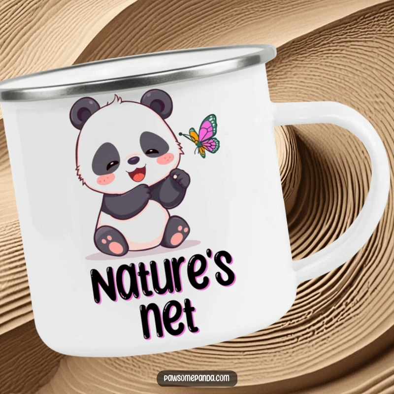 Funny enamel camping mug with a giggling panda trying to catch a butterfly, ideal for outdoor drinks and playful moments.