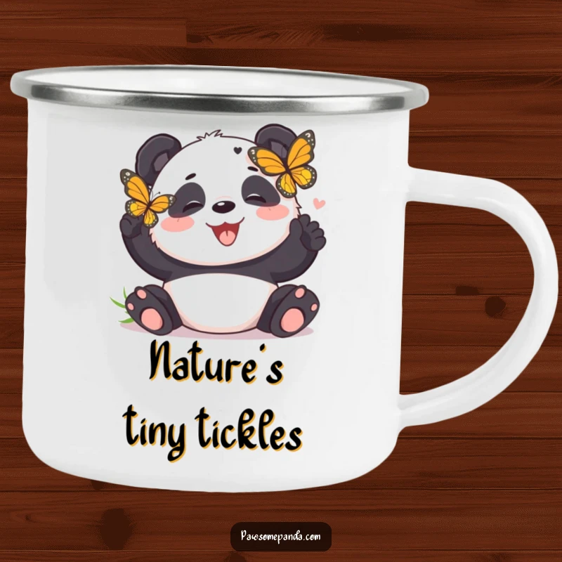 Funny panda camping mug with a panda bear giggling while a butterfly tickles it, perfect for outdoor fun and smiles.