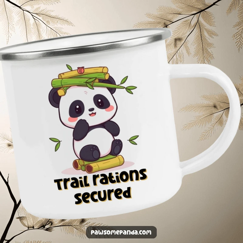 Funny camping mug featuring a panda character comically balancing a tall stack of green bamboo shoots, perfect for outdoor enjoyment.