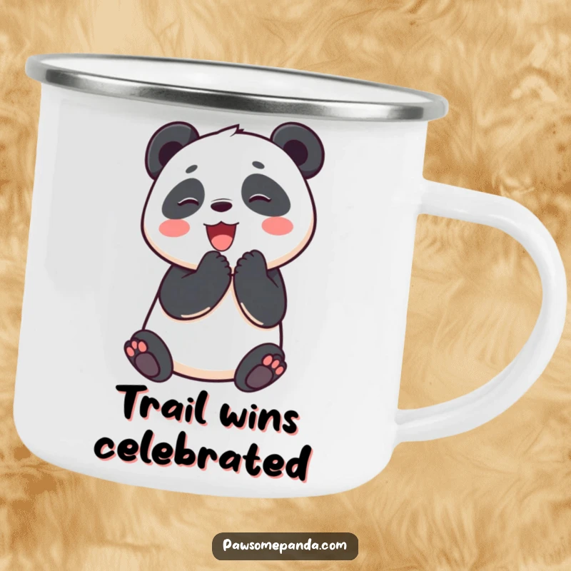 Funny camping mug featuring a smiling panda character clapping its paws, perfect for outdoor enthusiasts who love a laugh.