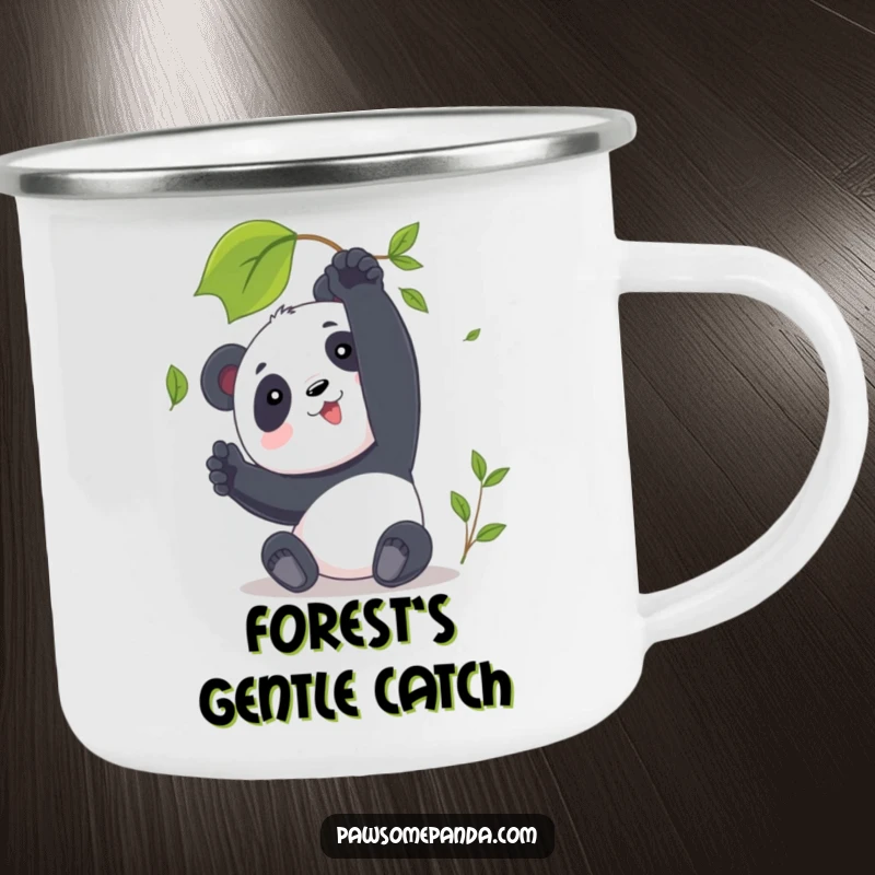 Funny Panda Camping Mug depicting a character reaching for a leaf, perfect for enjoying beverages amidst nature with humor.