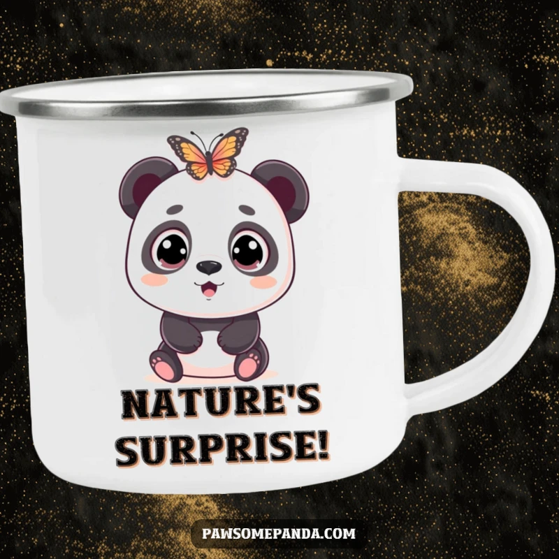 Funny camping mug with a wide-eyed panda character comically surprised and astonished by a delicate butterfly fluttering in its vicinity during an outdoor setting.
