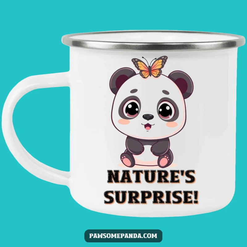 Funny Panda Camping Mug: Wide-Eyed Surprise by Butterfly, Outdoor Gift