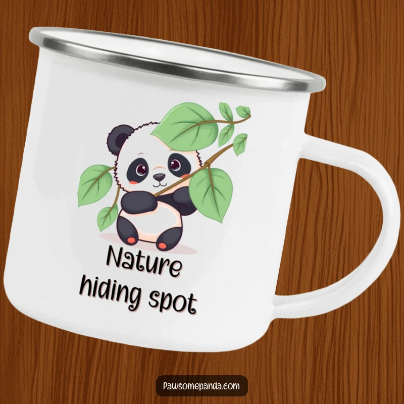 Funny panda camping mug with a curious panda bear peeking from behind a large leafy fan, perfect for outdoor humor.