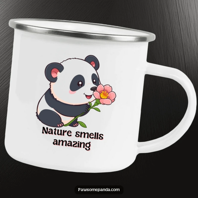 Funny panda camping mug showing a curious panda sniffing a flower with alert ears, bringing gentle humor to outdoor beverage enjoyment.