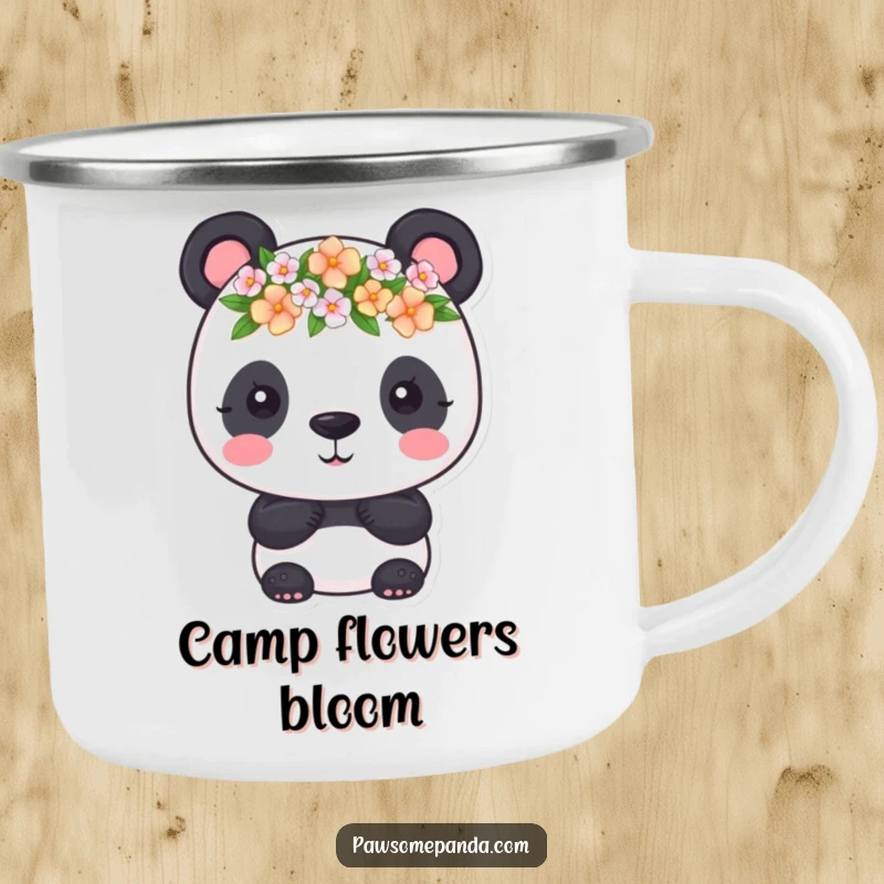 Funny Camping Mug: A panda with a tiny flower crown, bringing floral charm to outdoor adventures, a funny gift.