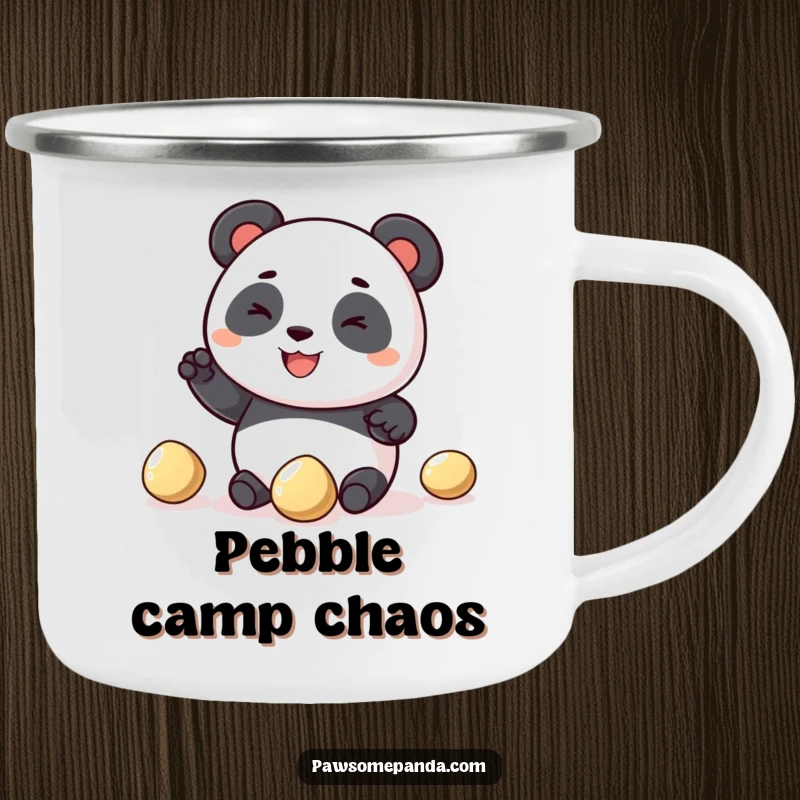Funny panda enamel camping mug showing a happy panda character juggling three shiny pebbles, perfect for outdoor enthusiasts who love a laugh.