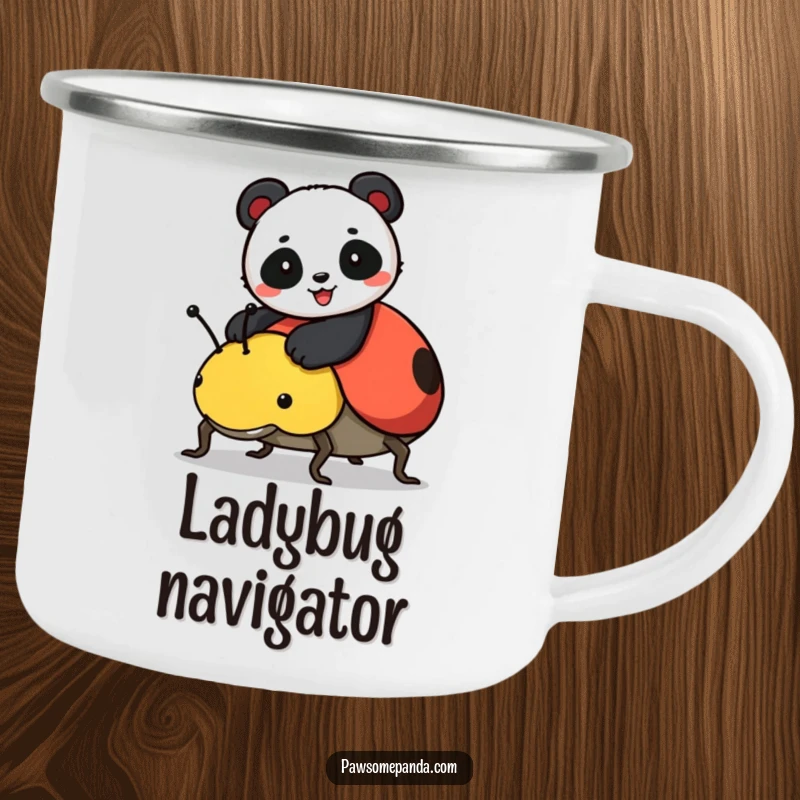 Funny enamel camping mug featuring a cheerful panda riding a ladybug, perfect for outdoor adventures and hot beverages.